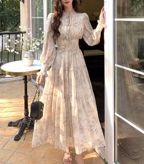 骨格ウェーブスタンドカラー花柄しシフォンワンピース