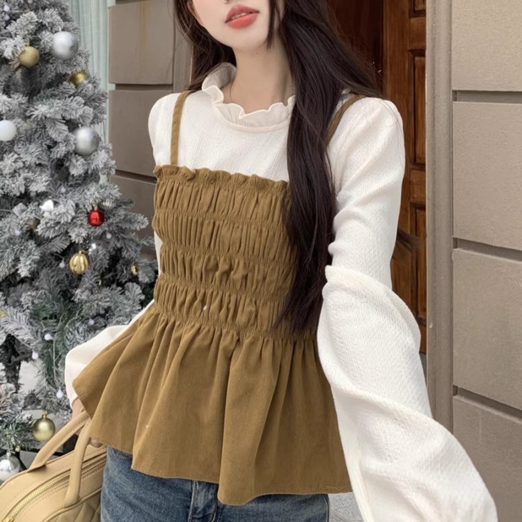 骨格ウェーブシャーリングビスチェドッキングトップス