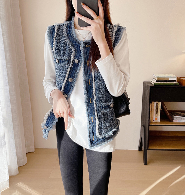 骨格ウェーブデニムツイードノーカラーベスト