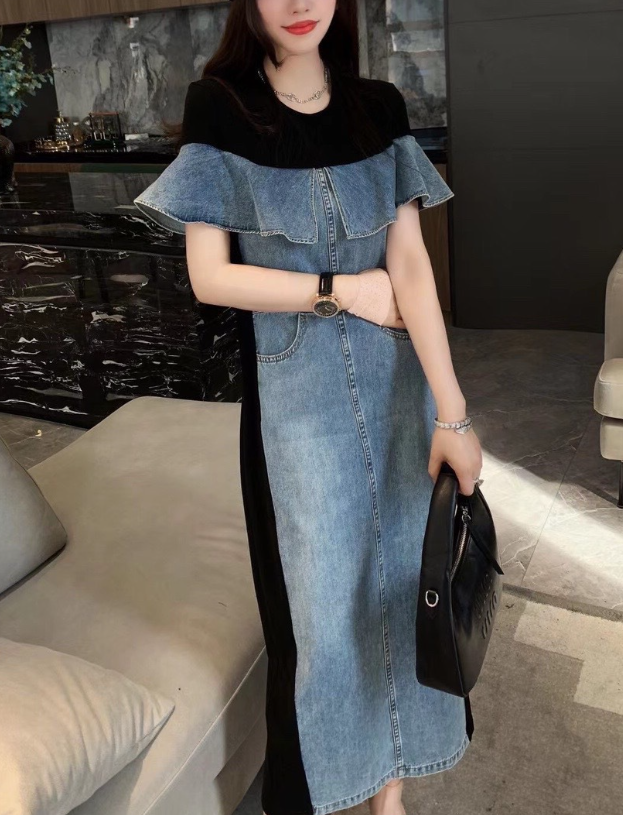 骨格ウェーブデニム切替ワンピースロングワンピース