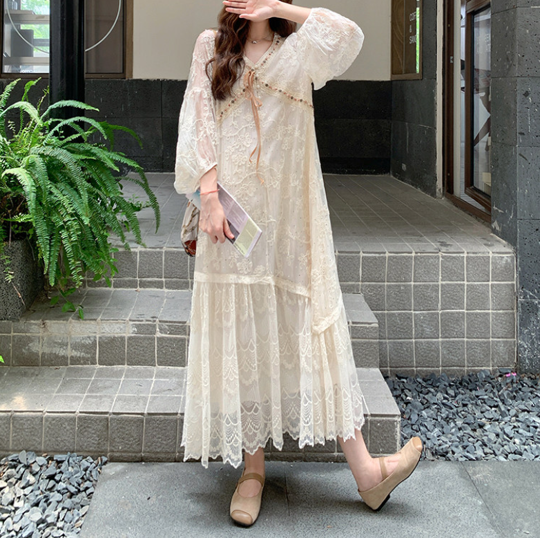 骨格ウェーブVネックフレンチスタイル総レースワンピース