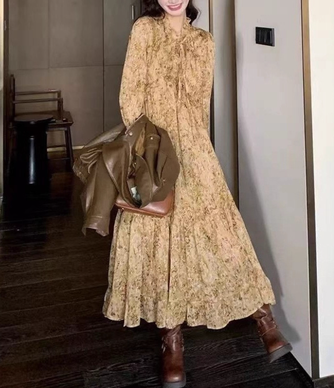 骨格ウェーブ花柄ロングワンピース