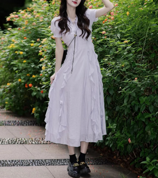 骨格ウェーブVネックパフスリーブワンピース