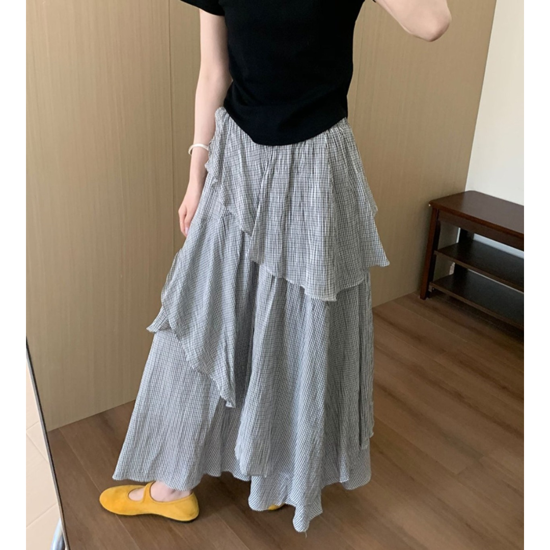 骨格ウェーブ格子柄ヘムフリルスカート