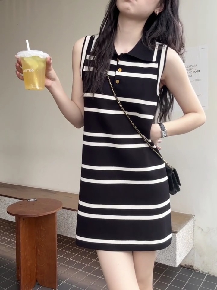 骨格ストレートコントラストカラーノースリーブポロワンピース