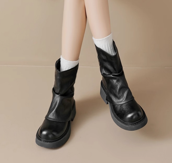 骨格ストレートバックベルト厚底ショートブーツ