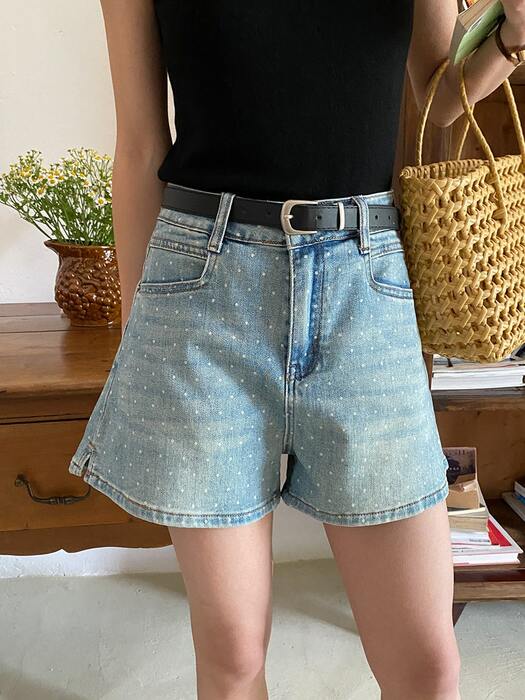 骨格ストレートAラインドットプリントショートデニムパンツ