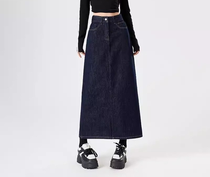 骨格ストレートバックスリットロングデニムスカート