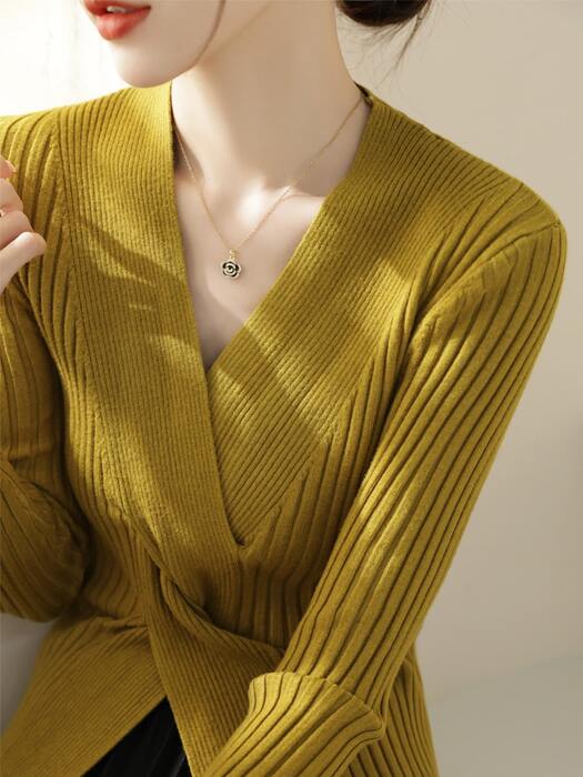 骨格ストレートカシュクールニットトップス