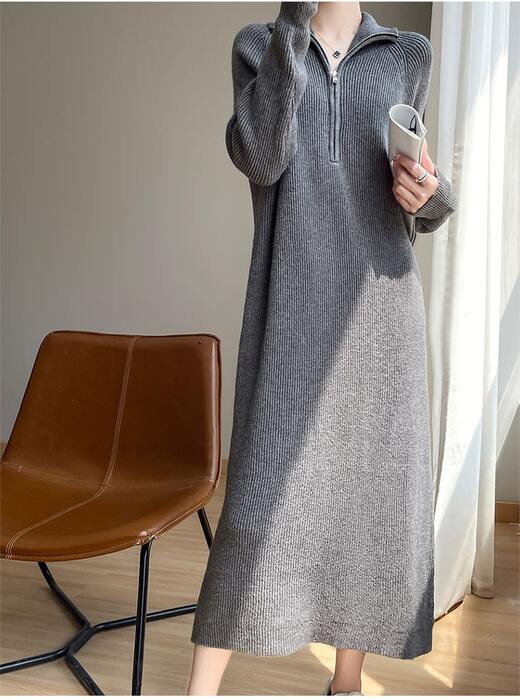 骨格ストレートジッパーネックＩラインリブニットワンピース