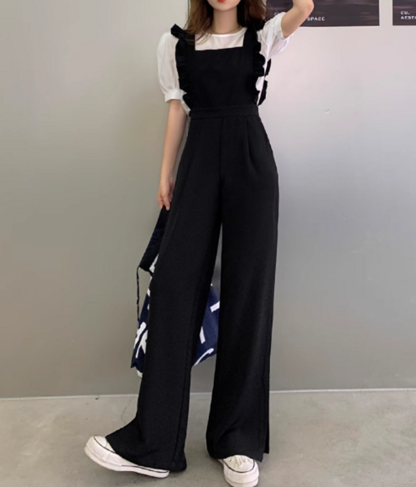 骨格ストレート裾フリルオーバーオール
