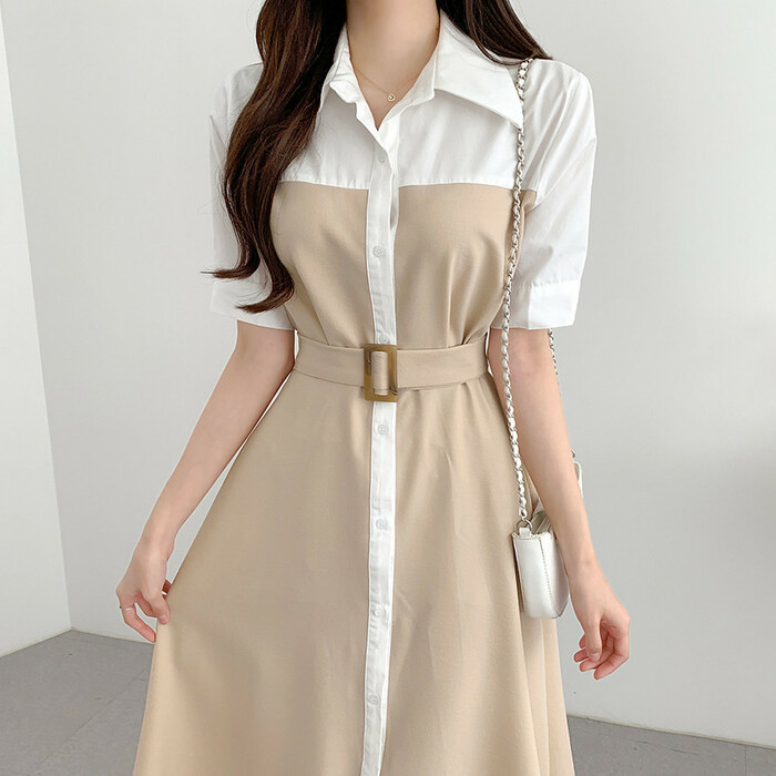 骨格ストレートコントラストウエストシャツワンピース