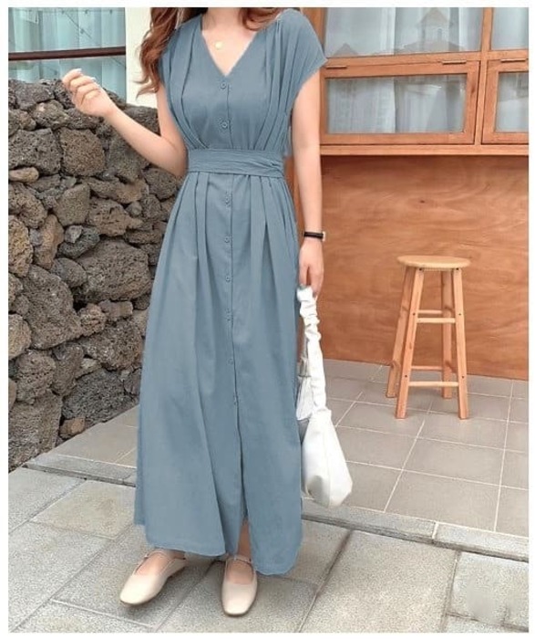 骨格ストレートVネックウエストマークワンピース