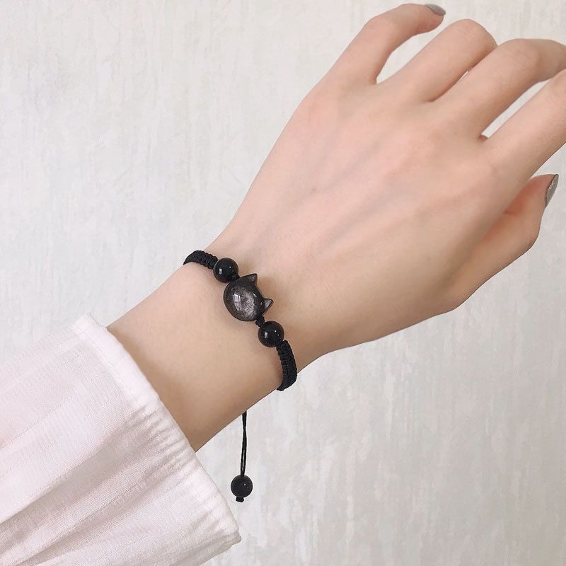 パワーストーンブレスレット 黒猫オブシディアン恋愛運招き石編み込みブレスレット