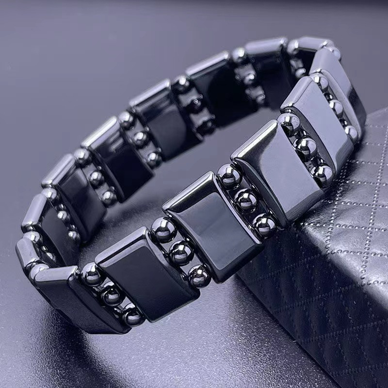 パワーストーンブレスレット 黒石角型プレートと丸玉の健康祈願ブレスレット