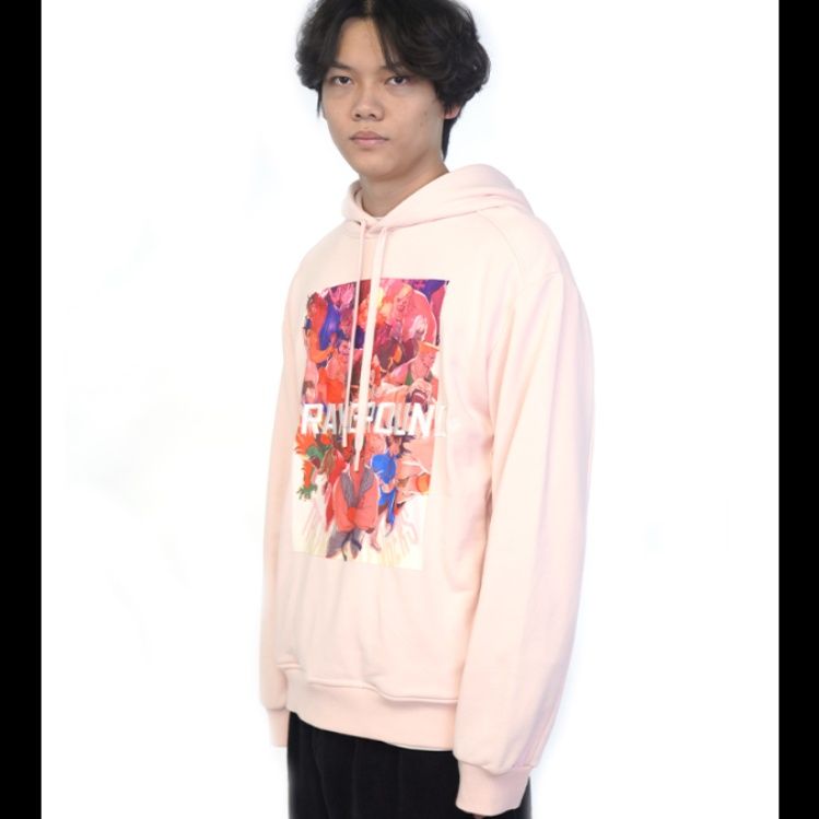 ストリートファッション アートプリント重ね着風パーカー