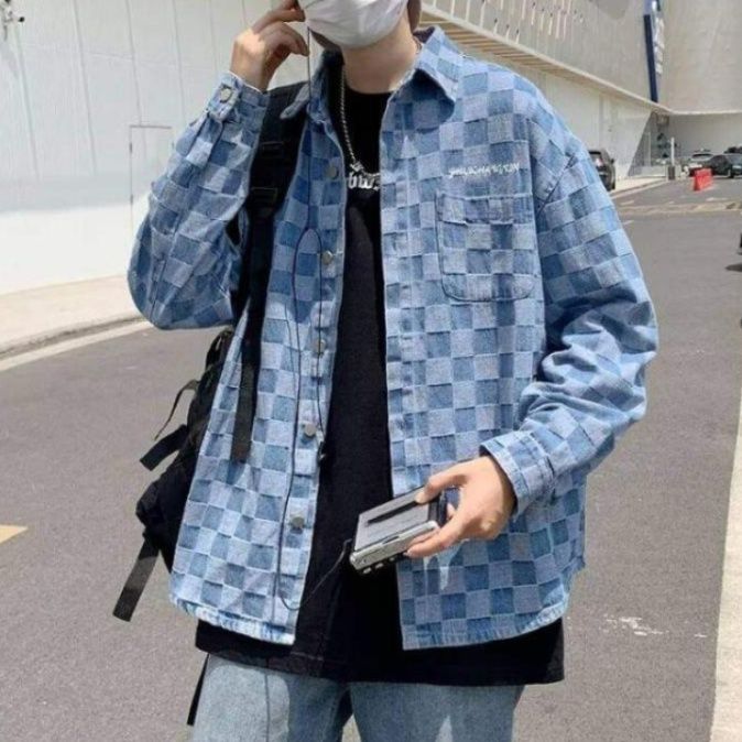 ストリートファッション 市松模様オーバーサイズシャツ