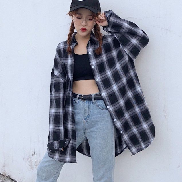 ストリートファッション ゆったりオーバーサイズ格子柄長袖シャツ