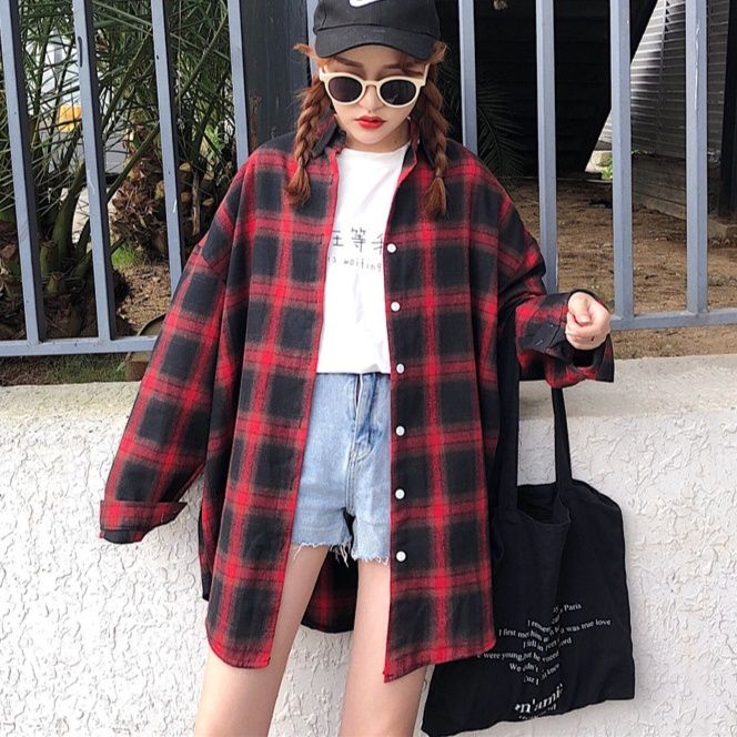 ストリートファッション ゆったりオーバーサイズ格子柄長袖シャツ