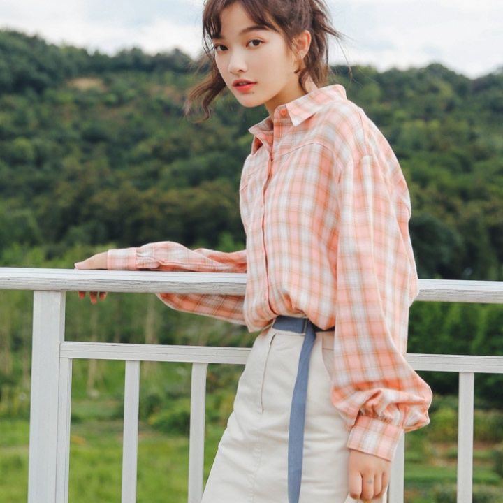 ストリートファッション ゆったりシルエット格子柄長袖シャツ