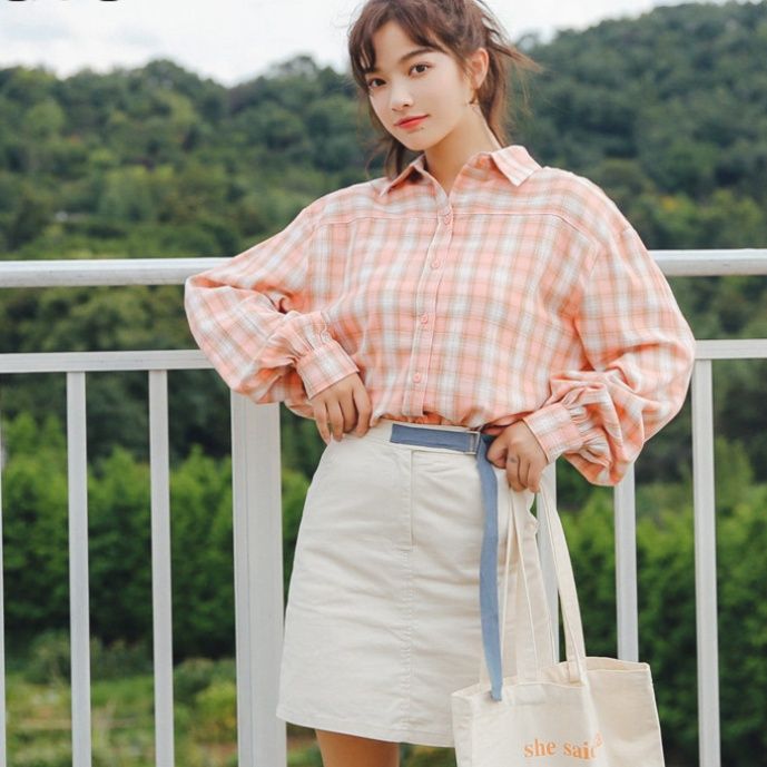 ストリートファッション ゆったりシルエット格子柄長袖シャツ