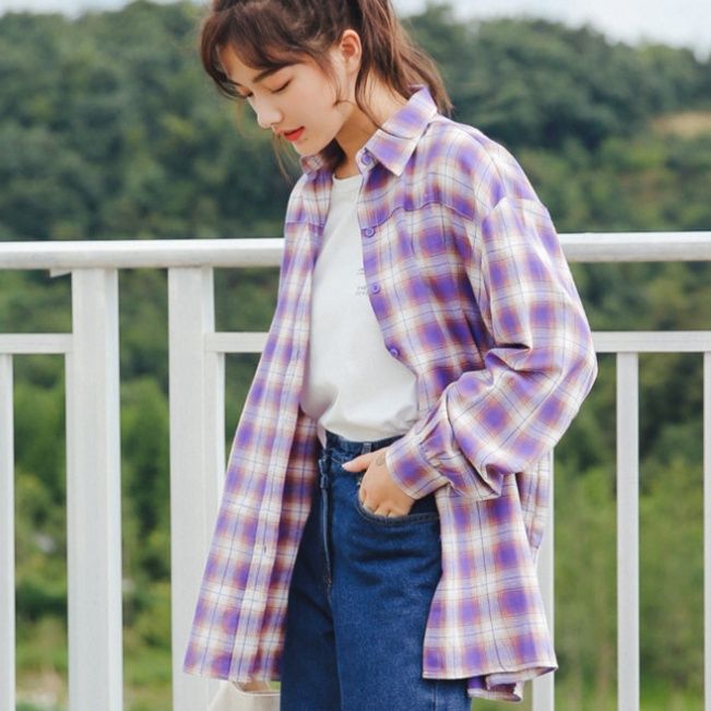 ストリートファッション ゆったりシルエット格子柄長袖シャツ