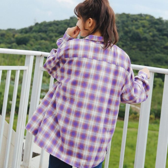 ストリートファッション ゆったりシルエット格子柄長袖シャツ