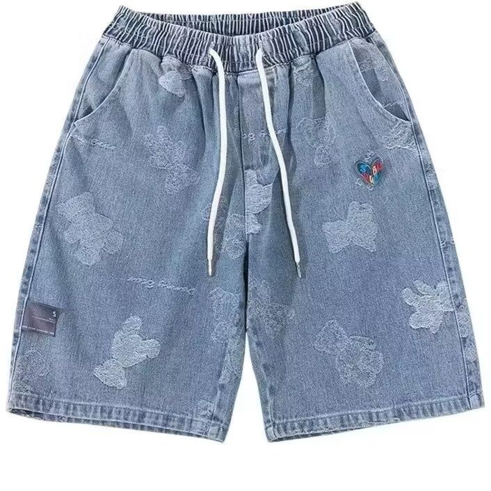 ストリートファッション くま総柄刺繍入りイージーデニム短パン