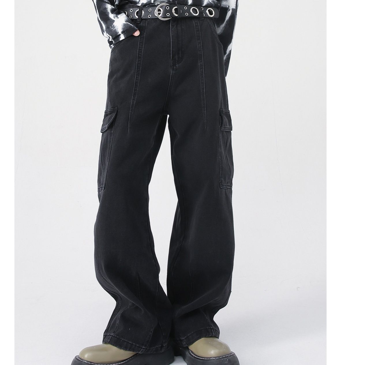 ストリートファッション 多機能カーゴポケット付きワイドデニムパンツ