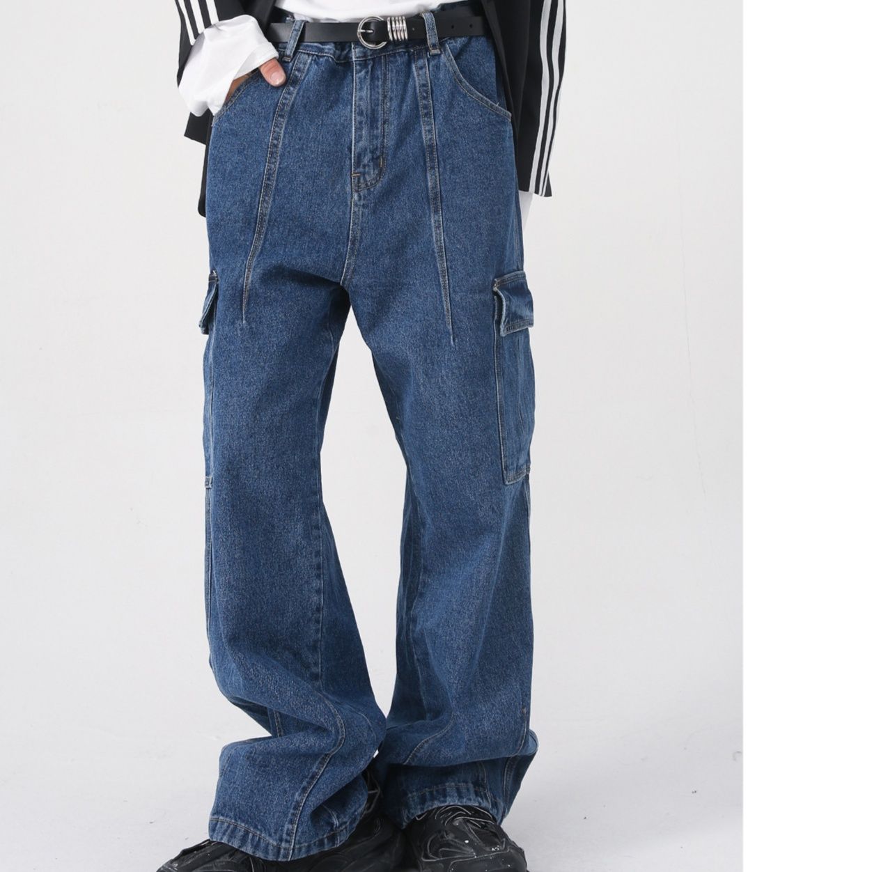 ストリートファッション 多機能カーゴポケット付きワイドデニムパンツ