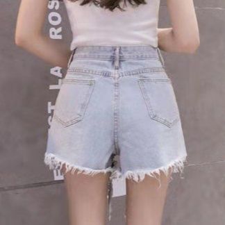 ストリートファッションデニム パール装飾フリンジ付きダメージ加工ショートパンツ