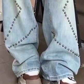 ストリートファッションデニム 金属鋲装飾ワイドストレートデニムパンツ