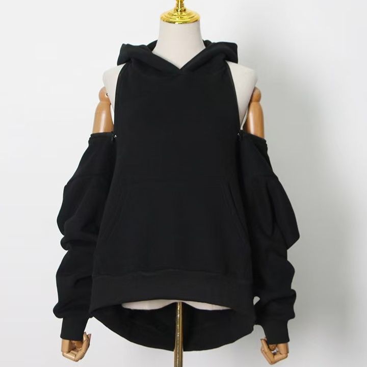 ストリートファッションパーカー 肩開きデザイン裏毛プルオーバーパーカー