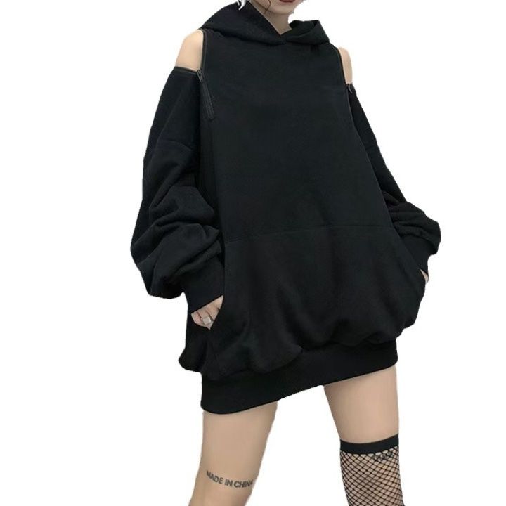 ストリートファッションパーカー 肩開きデザイン裏毛プルオーバーパーカー