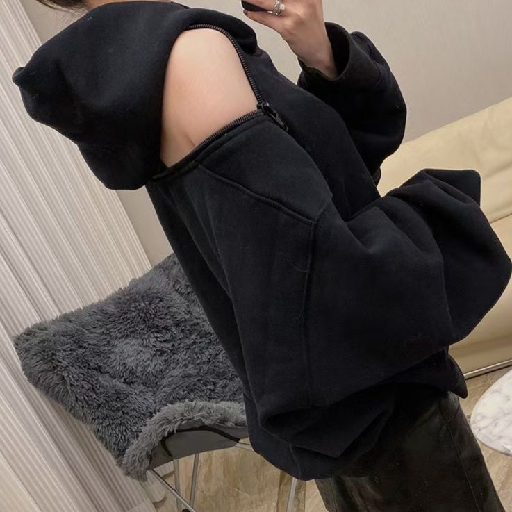 ストリートファッションパーカー 肩開きデザイン裏毛プルオーバーパーカー