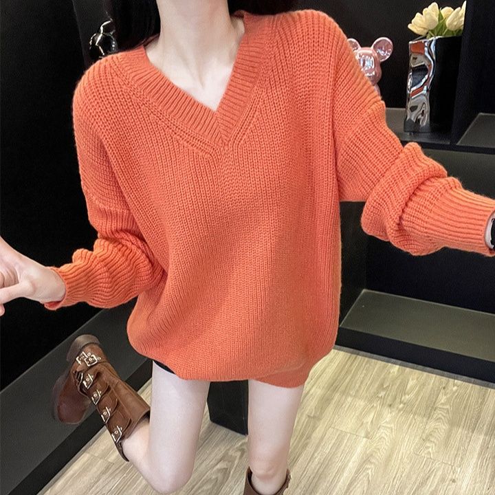 ストリートファッション ゆったりオーバーサイズブイネックリブニット