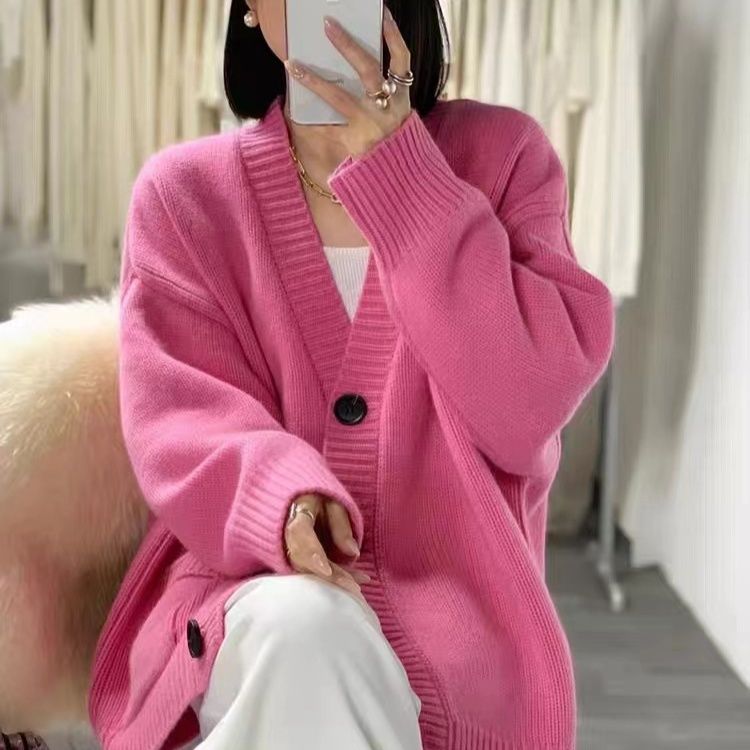 ストリートファッション ゆったりシルエット釦付きポケット袖絞りニットカーディガン