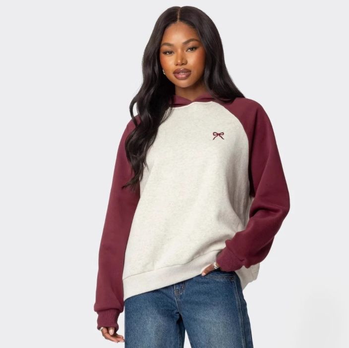 ストリートファッション 配色切替ラグランスリーブフーデッド パーカー