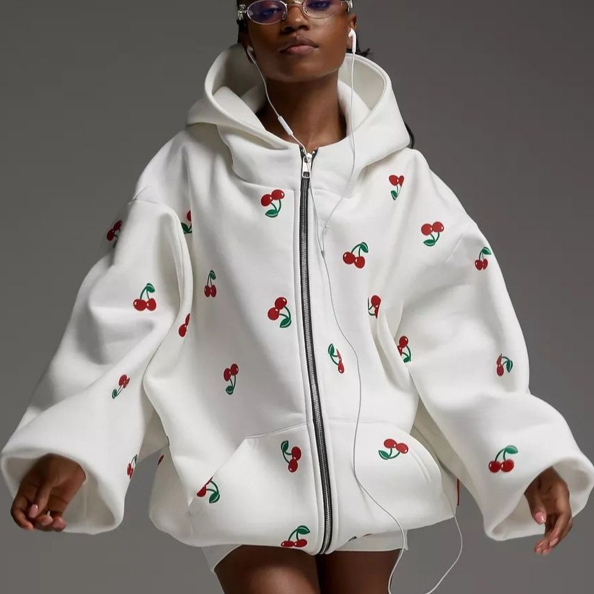 ストリートファッション チェリー刺繍ビッグシルエットジップアップ パーカー
