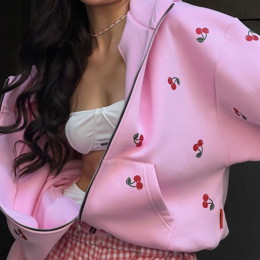 ストリートファッション チェリー刺繍ビッグシルエットジップアップ パーカー