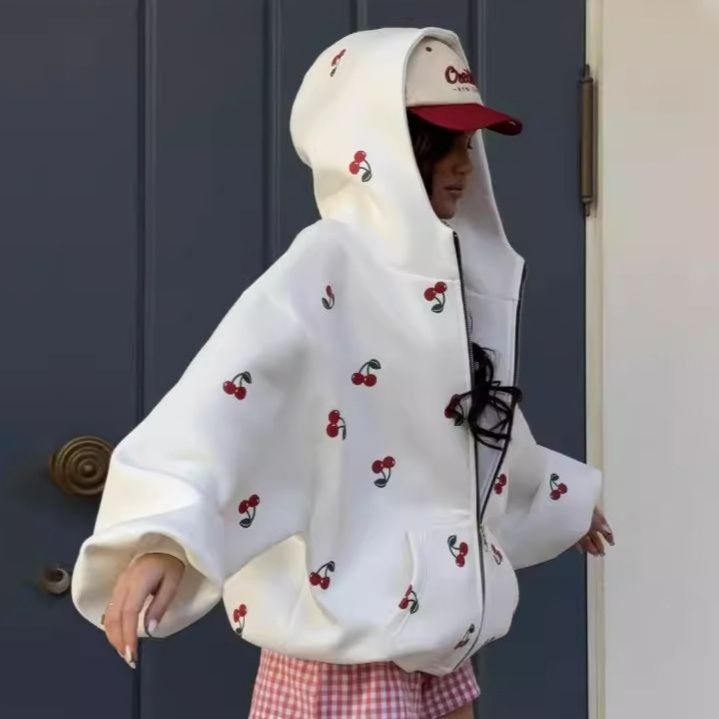ストリートファッション チェリー刺繍ビッグシルエットジップアップ パーカー