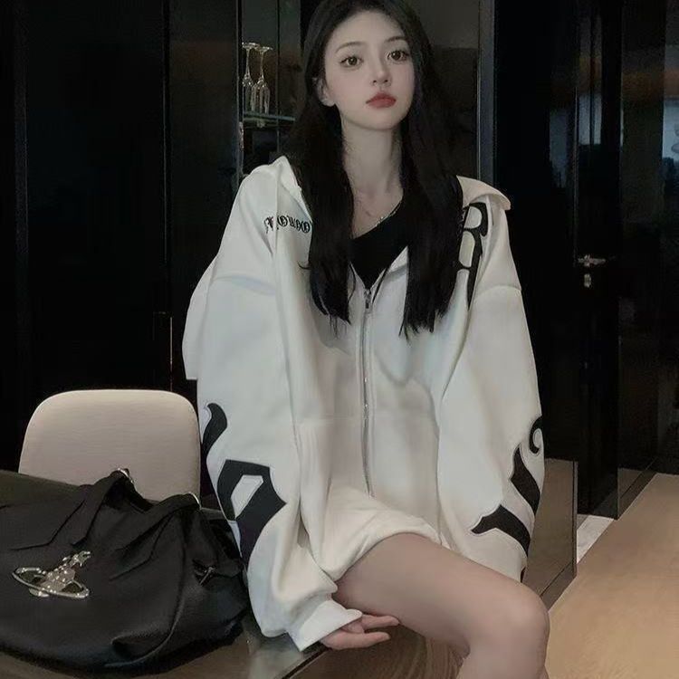 ストリートファッション 文字デザイン袖ロゴビッグシルエットジップ　パーカー