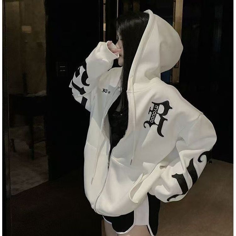 ストリートファッション 文字デザイン袖ロゴビッグシルエットジップ　パーカー