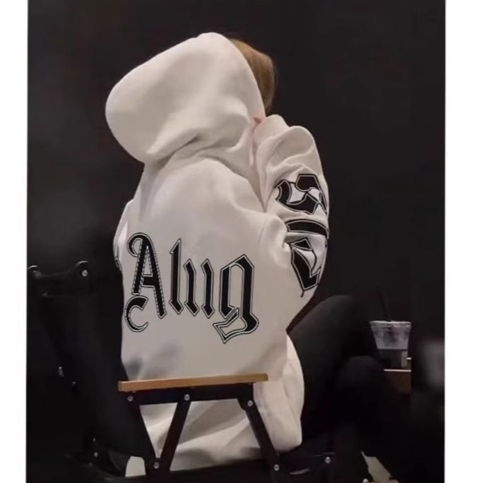 ストリートファッション 文字デザイン袖ロゴビッグシルエットジップ　パーカー