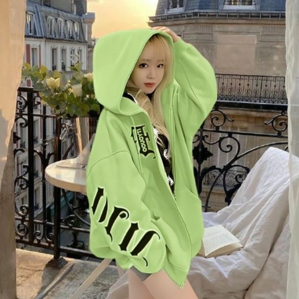 ストリートファッション 文字デザイン袖ロゴビッグシルエットジップ　パーカー