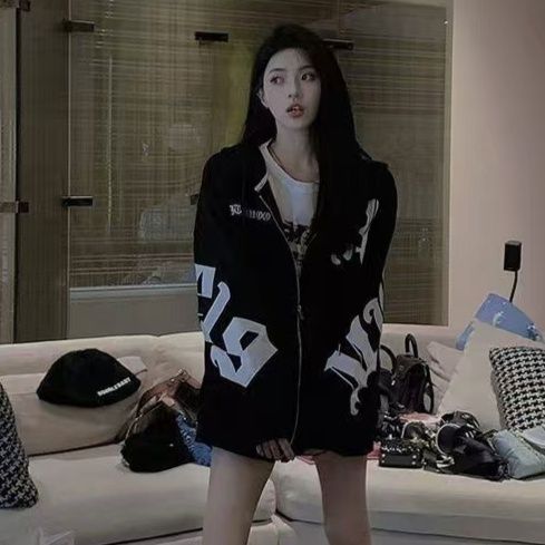 ストリートファッション 文字デザイン袖ロゴビッグシルエットジップ　パーカー