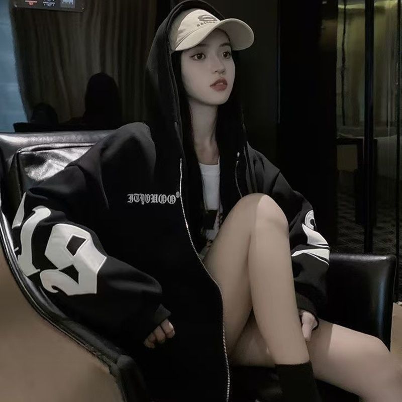 ストリートファッション 文字デザイン袖ロゴビッグシルエットジップ　パーカー