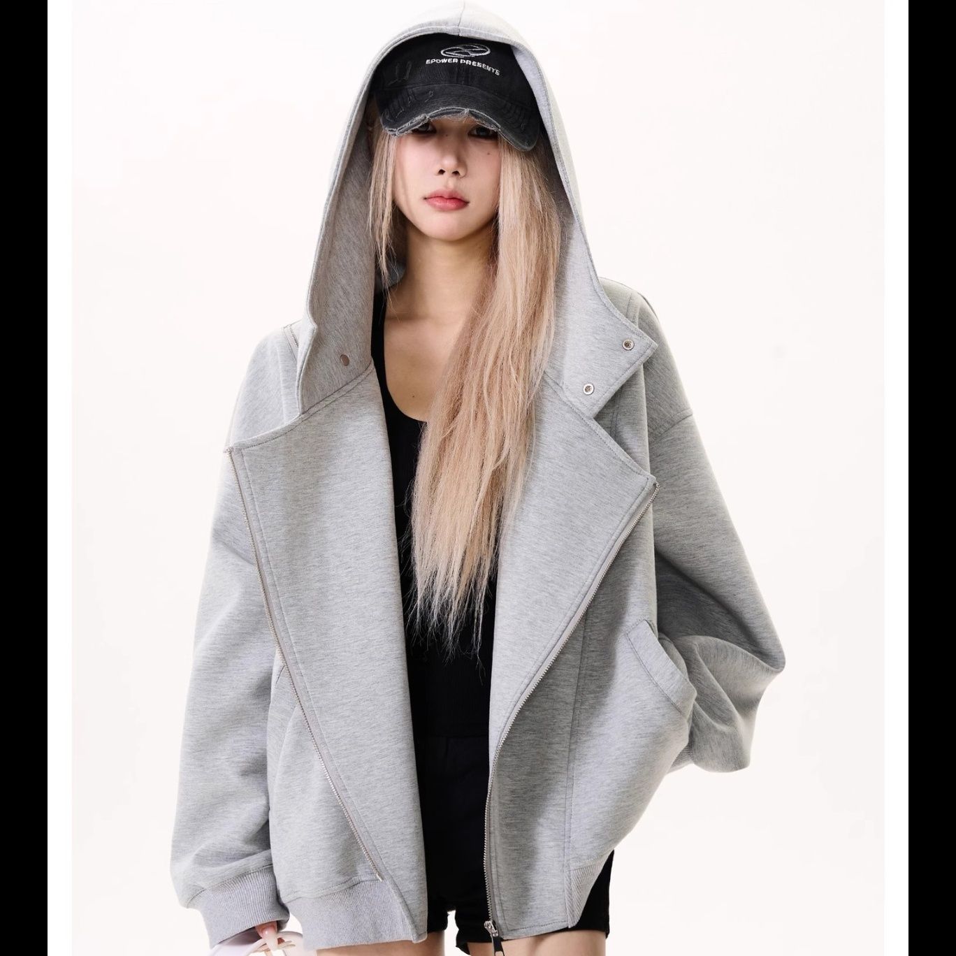 ストリートファッション 斜めジップ変形フードデザイン パーカー