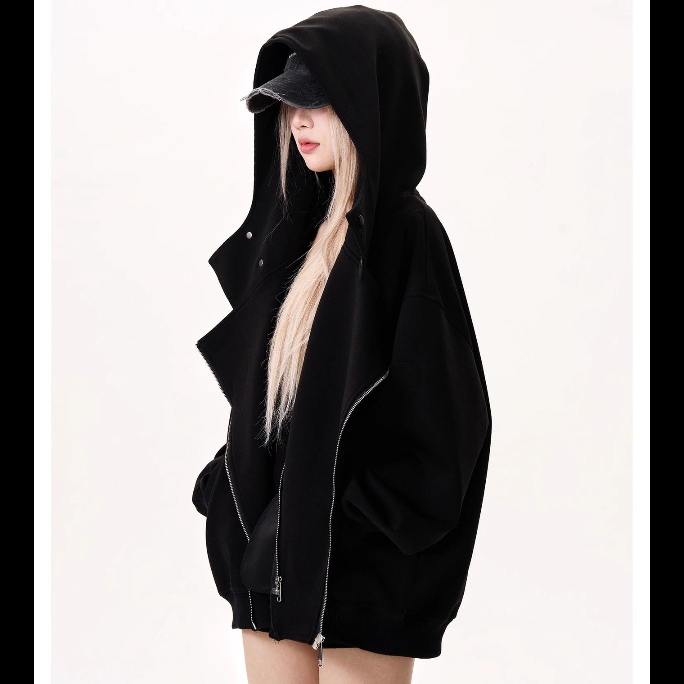 ストリートファッション 斜めジップ変形フードデザイン パーカー