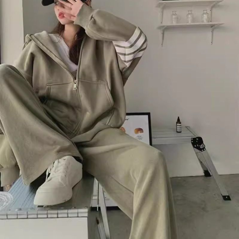 ストリートファッション 袖ラインデザインゆったりジップアップ パーカー